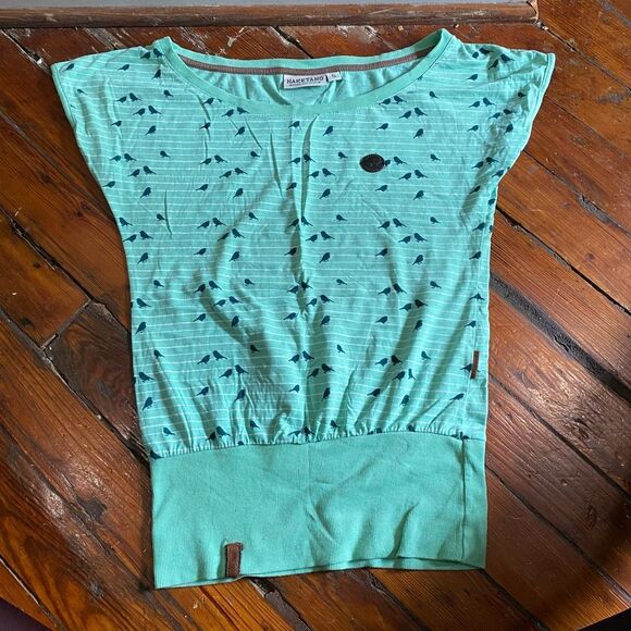 Naketano Bird Stripe Green Short Sleeve Shirt, Italian Blouse, Size Small - Picture 2 of 11